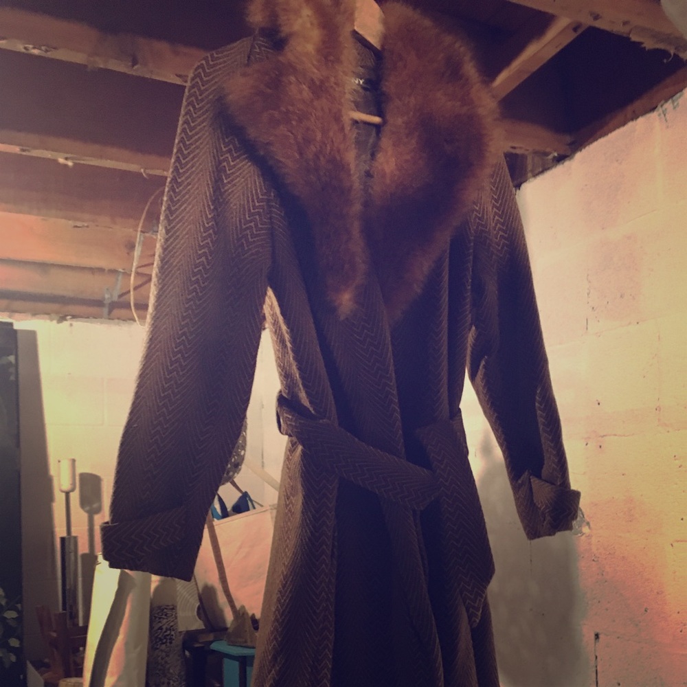 DKNY trench coat with fur collar